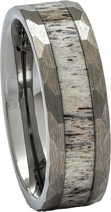 Men's Tungsten Deer Antler With Ring Hammered Finish 8mm Comfort Fit Wedding Band