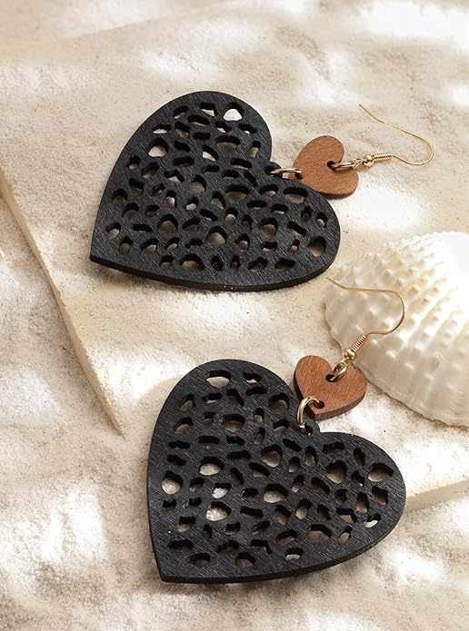 MINACHI Bohemian Hollow Cut-Out Wood Leather Dangle Drop Earrings, Boho Chic Hippie Statement Jewelry Gift for Women