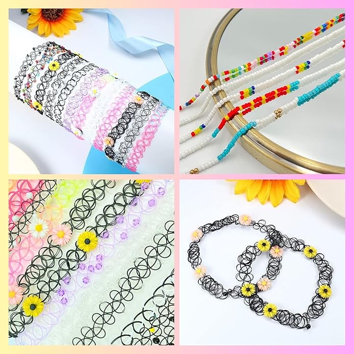 BodyJ4You 12PC Tattoo Choker Necklace for Women - 90s Choker Necklaces Y2K Fashion Trendy Vintage - Emo Black Choker Rainbow Pink White Purple Neon Green Blue Daisy Flower