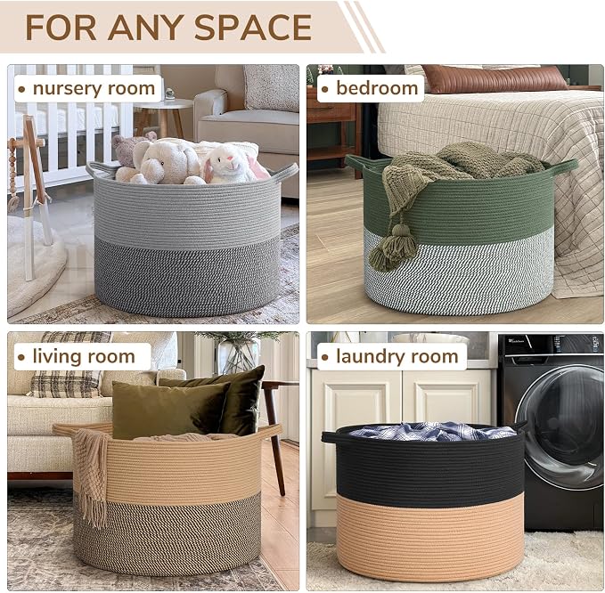 INDRESSME 115L Extra Large Woven Rope Blanket Basket Living Room BlackCamel | - Image 4