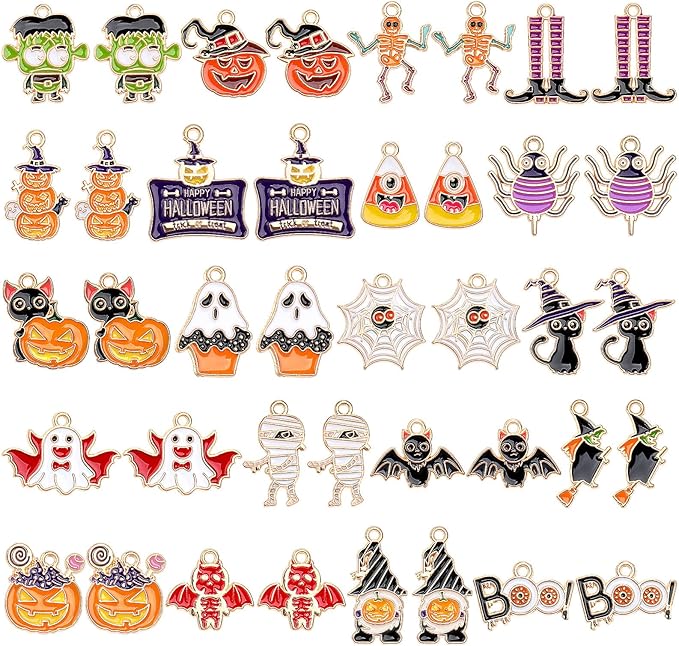 MARFOREVER 40 Pcs/20 Pairs Halloween Charms, Enamel Halloween Charms Bulk Pumpkin Bat Skeleton Witch Spider Candy Charm Pendants for Jewelry Bracelet Necklace Making