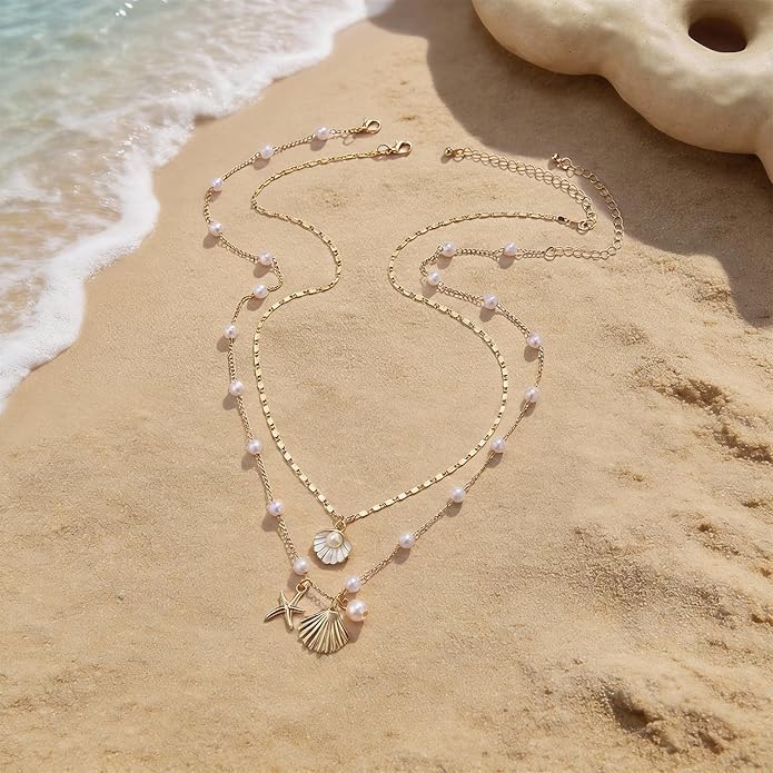Gold Sea Shell Necklace Layered Charm Necklace for Women Boho Summer Seashell Beach Starfish Necklaces 14k Pearl Chain Surfer Jewelry Beach Vacation Essentials