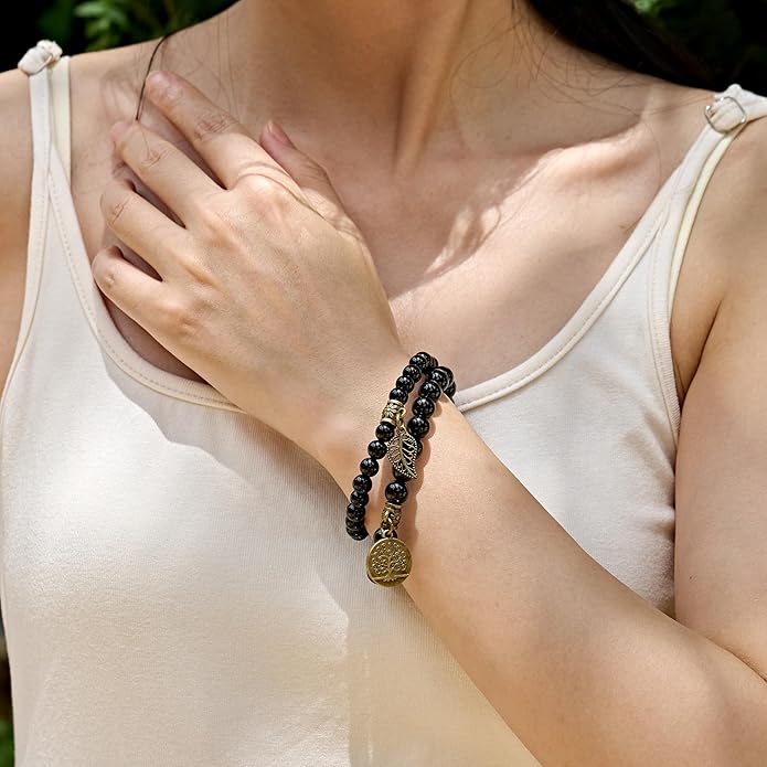 Bivei Natural Semi Precious Gemstone beads bracelet for women - Life Tree and Leaf Charm Energy Reiki Crystal Stretch Bracelets