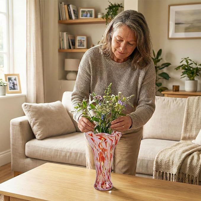 9.0" H Blush Pink Glass Vases for Flower, Unique Hand Blown Glass Vase | Wide - Image 2