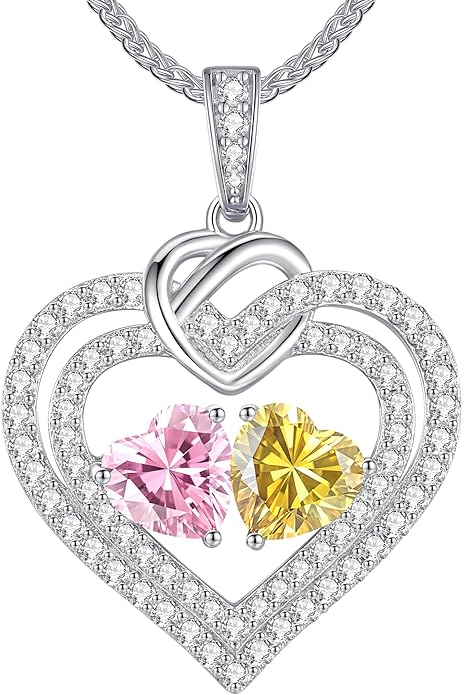 LOUISA SECRET Sparkling Double Heart Birthstone Necklaces for Women, 925 Sterling Silver Fine Jewelry, Pendant Heart Necklaces Birthday Anniversary Christmas Gift for Women Wife Mom Girlfriend Lady