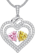 LOUISA SECRET Sparkling Double Heart Birthstone Necklaces for Women, 925 Sterling Silver Fine Jewelry, Pendant Heart Necklaces Birthday Anniversary Christmas Gift for Women Wife Mom Girlfriend Lady
