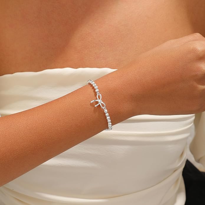 Gold Bracelets for Women, Cute 14K Gold/Silver Plated Stretch Beaded Bracelets for Women Trendy Stackable Charm Bracelet Dainty Adjustable Waterproof Non Tarnish Jewelry Gifts for Her