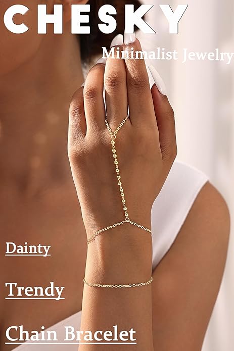 CHESKY 14K Gold Plated Hand Chain Bracelets for Women Set - Dainty Finger Ring Bracelet Stack Adjustable Hand Chains Durable Beaded Bracelets Trendy Simple Body Jewelry Gift for Women