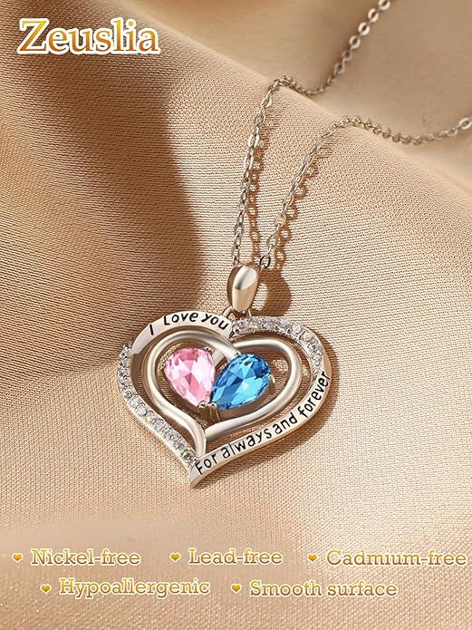 Valentine's Day Gifts for Wife 925 Sterling Silver Double Birthstone Pendant Necklaces I Love You for Always and Forever Necklace Anniversary Birthday Gifts for Wife Girlfriend Mom Her