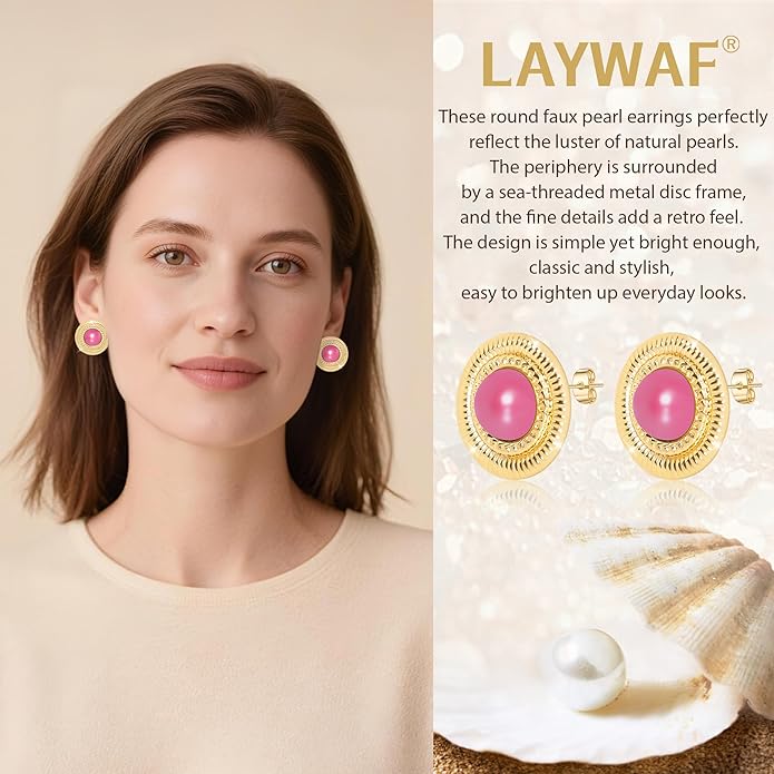 Faux Pearl Gold Plated Stud Earrings for Women, Hypoallergenic Stainless Steel Ear Pin, Available in a Variety of Pearl Colors