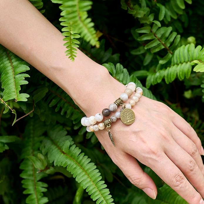 Bivei Natural Semi Precious Gemstone beads bracelet for women - Life Tree and Leaf Charm Energy Reiki Crystal Stretch Bracelets