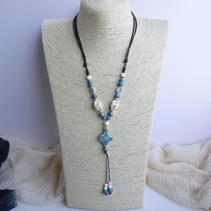 Boho Style Colorful Ceramic Bead Strand Necklace Adjustable Bohemian Jewelry Gift for Women, Fashion Clothing Matching Necklace