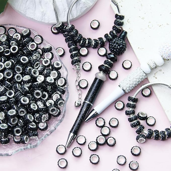 200Pcs Rhinestone Large Hole Beads Spacer Beads Black European Craft Big Beads Large Hole Rhinestones Lampwork Murano Bead Fairy Wand Garden Beads for DIY Bracelet Necklace Jewelry Making Supplies