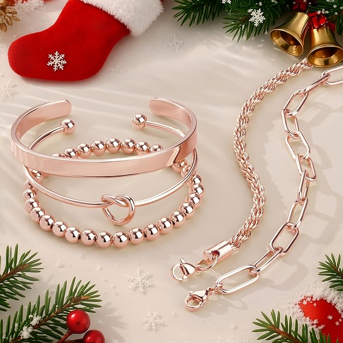Gold Bracelets Set for Women Non Tarnish, 14K Gold Plated Sterling Silver Chunky Cuff Bracelet Stackable Gold Bangles Bracelet for Women Trendy Fashion Accessories Tie Knot Cuban Rope Paperclip Beaded Bracelet Stack Jewelry Valentines Day Gifts