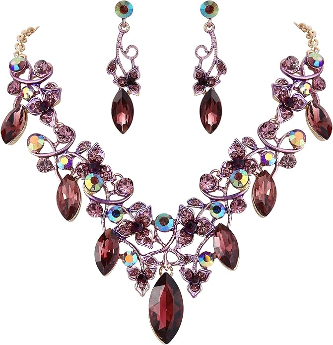 BriLove Women's Costume Fashion Crystal Floral Vine Leaf Statement Necklace Dangle Earrings Set