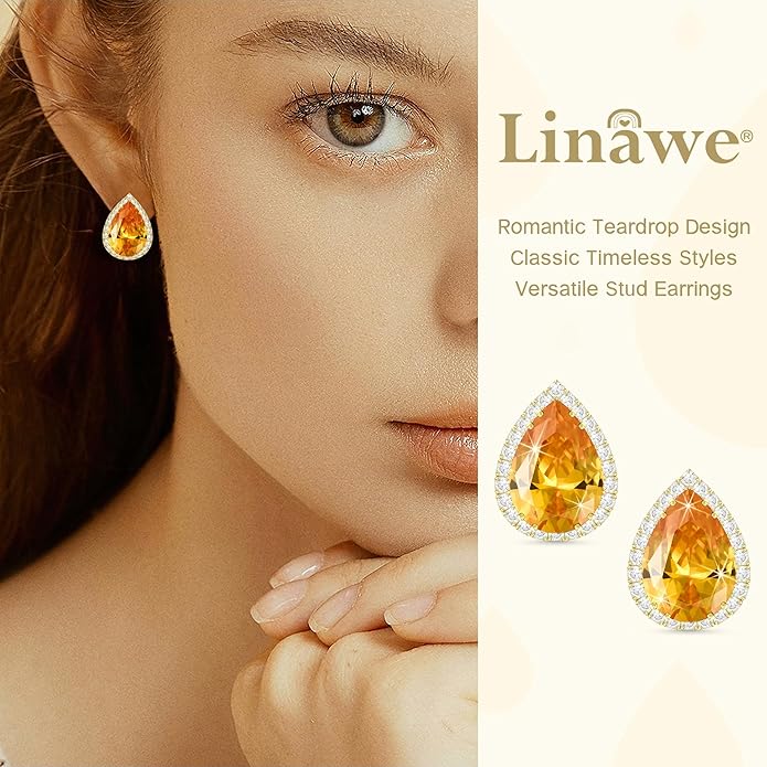 Linawe Women Stud Earrings, Teardrop Diamond Moissanite Cubic Zirconia Earrings Studs Rhinestone Jewelry Gold/Silver/Rose Gold