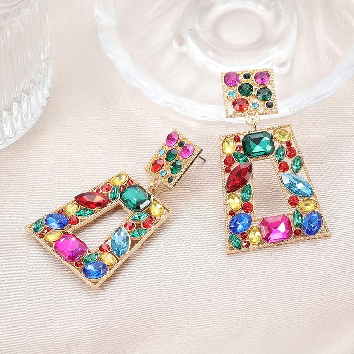 Rhinestone Rectangle Statement Earrings Colorful Crystal Geometric Drop Dangle Earrings for Women Prom Party