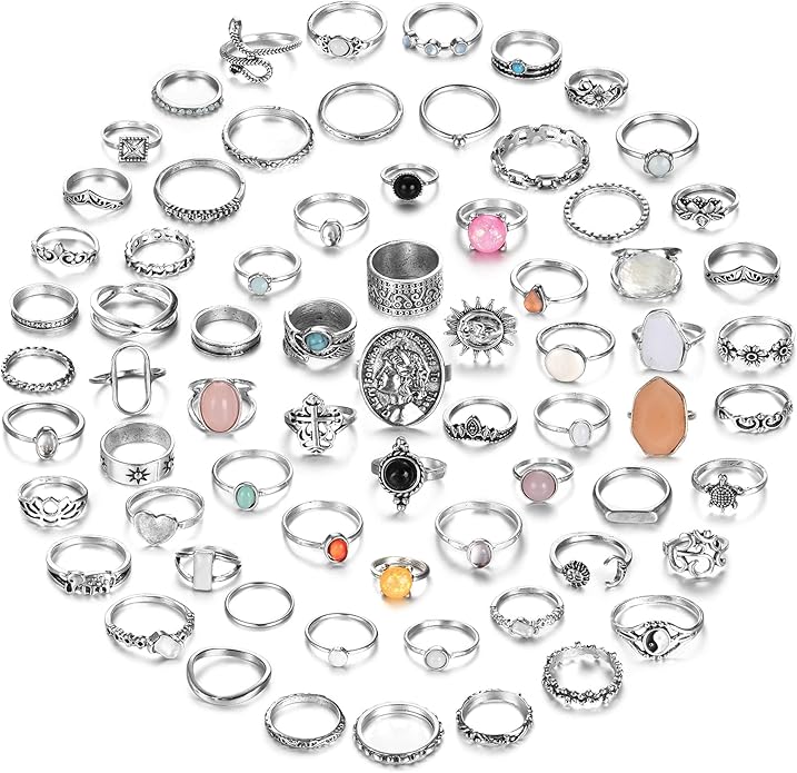 Subiceto 70 Pcs Vintage Crystal Ring Set Knuckle Rings for Women Bohemian Stackable Joint Rings Retro Boho Stacking Joint Finger Rings Pack