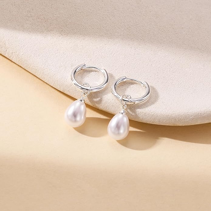 Gold Pearl Dangle Earrings for Women, 14K Gold Plated Small Pearl Drop Huggie Hoop Earrings, Hypoallergenic Dainty Gold Earrings Wedding Jewelry Gifts for Women Trendy