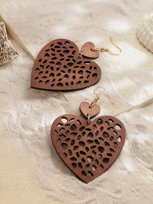 MINACHI Bohemian Hollow Cut-Out Wood Leather Dangle Drop Earrings, Boho Chic Hippie Statement Jewelry Gift for Women