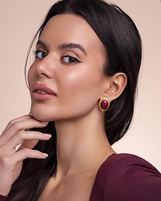 SNGIA18K Gold Plated Burgundy Maroon Red Carnelian Round Oval Ribbed Button Chunky Statement Earrings for Women by SNGIA, Bold Handmade Exaggerated Dome Retro Rounded Button Trendy Bohemian Gemstone Stud Jewelry Gifts, Unique Vintage Baroque Stone Summ...
