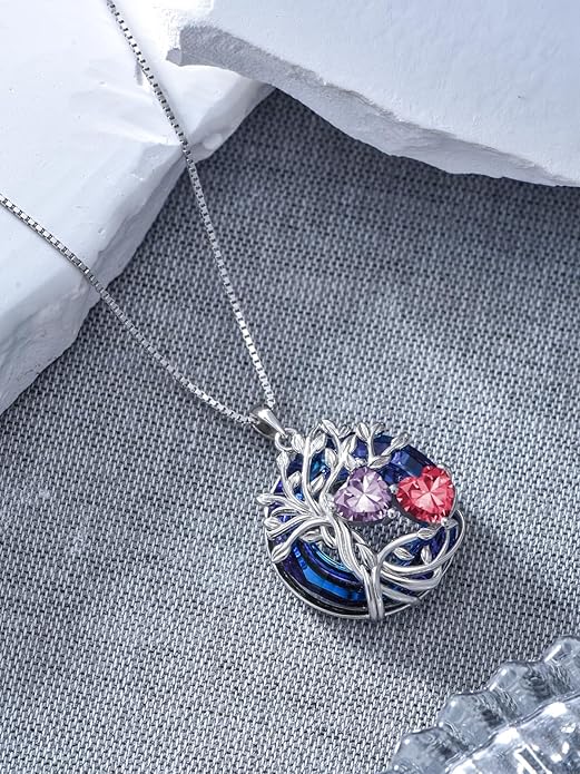 TOUPOP s925 Sterling Silver Family Celtic Tree of Life Pendant Necklaces with 2 Heart Birthstone with Blue Austrian Crystal Jewelry Birthday Valentines Day Gifts for Her, Anniversary Christmas Gifts for Wife Girlfriend Mom (18K Real White Gold Filled)