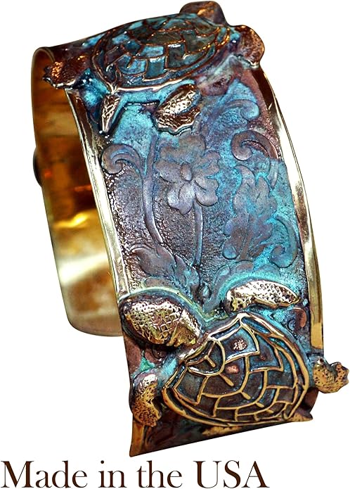 Verdigris Patina Solid Brass Classic Sea Turtle Cuff Bracelet by Elaine Coyne Made In USA