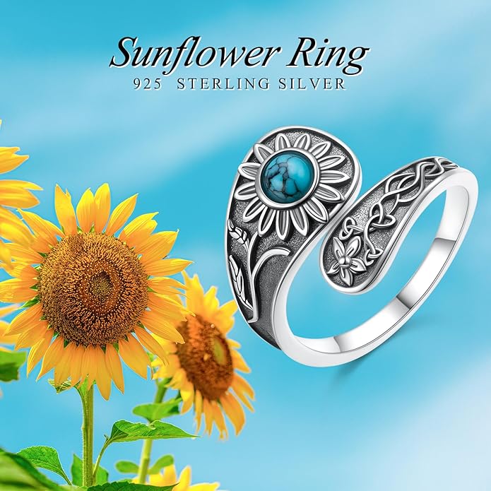 925 Sterling Silver Hummingbird/Sunflower Turquoise/Moonstone/Lily of the Valley Flower Spoon Ring Adjustable Open Ring Statement Thumb Ring Jewelry for Women
