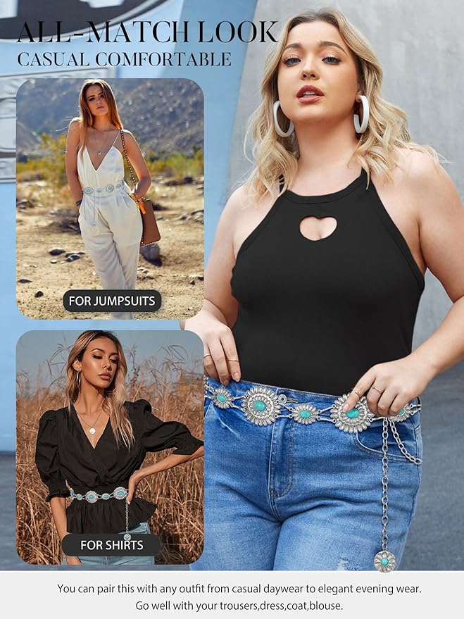 FIORETTO Metal Waist Chain Link Belt for Women Western Cowgirl Boho Turquoise Belts for Dress Jeans Country Concert Outfit