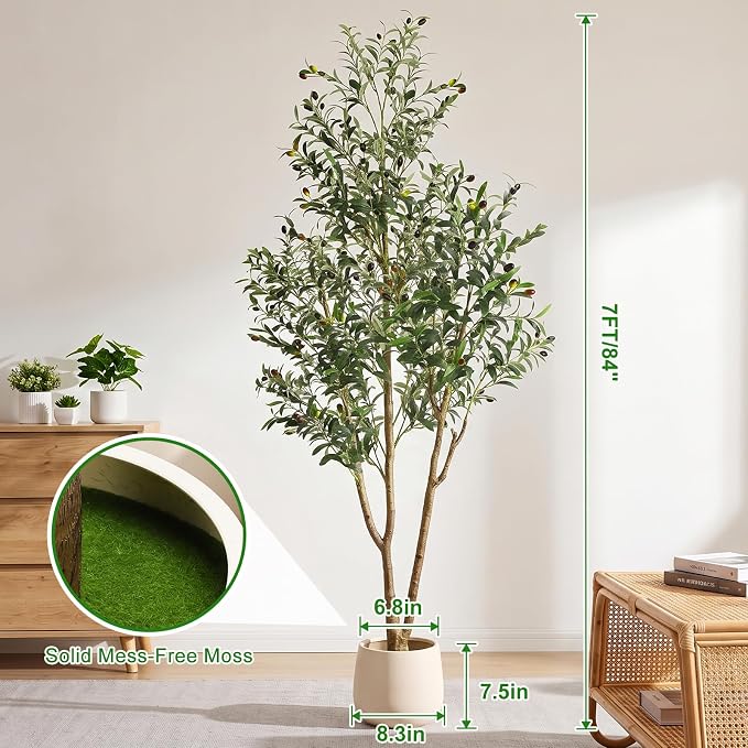 7FT Artificial Olive Tree with Lights & Planter, Tall Faux Olive Plant | Tall - Image 2