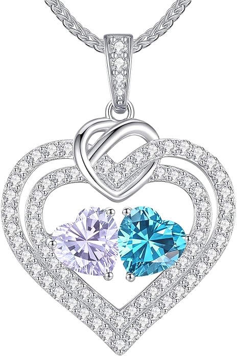 LOUISA SECRET Sparkling Double Heart Birthstone Necklaces for Women, 925 Sterling Silver Fine Jewelry, Pendant Heart Necklaces Birthday Anniversary Christmas Gift for Women Wife Mom Girlfriend Lady