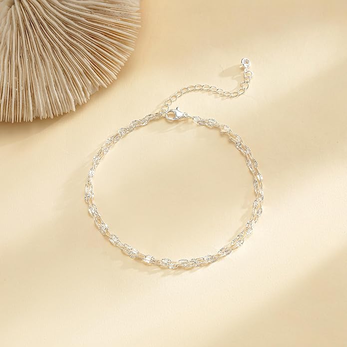 Ankle Bracelets for Women, Glitter Waterproof Adjustable Anklet for Women, 14K Gold Plated/Sterling Silver Layered Anklets, Summer Beach Anklet Jewelry for Women Gift