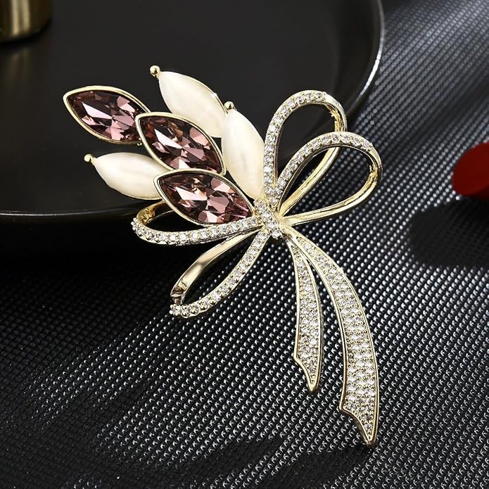 Bow Knot Pin Rhinestone Crystal Pearl Brooch 18k Gold Plated Lapel Pin Birthday Jewelry Gift for Women Men