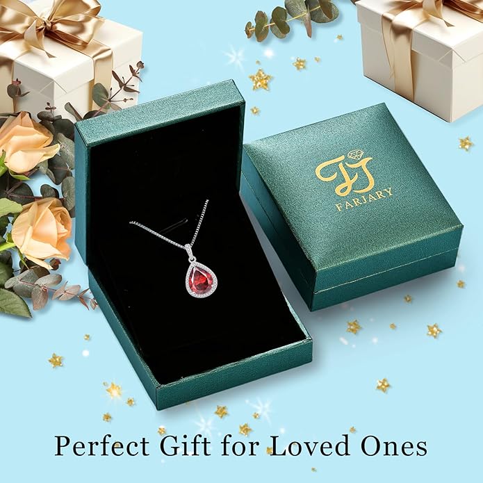 FJ Teardrop Pendant Necklace 925 Sterling Silver Birthstone Jewelry Gifts for Women