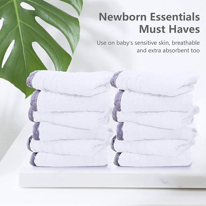 SWEET DOLPHIN 12 Pack Muslin Burp Cloths Large 100% Cotton Hand Washcloths for Baby - Baby Essentials Extra Absorbent and Soft Boys & Girls Milk Spit Up Rags for Newborn Registry - Grey Trim, 20" X10"