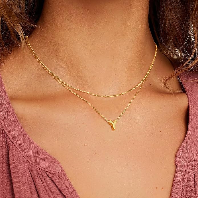Valentines Day Gifts for Her - Bubble Letter Necklace Layered 14K Gold Plated Initial Necklaces for Women Dainty Cute Choker Pendant Stack Jewelry Fashion Accessories Teen Gift Trendy Stuff