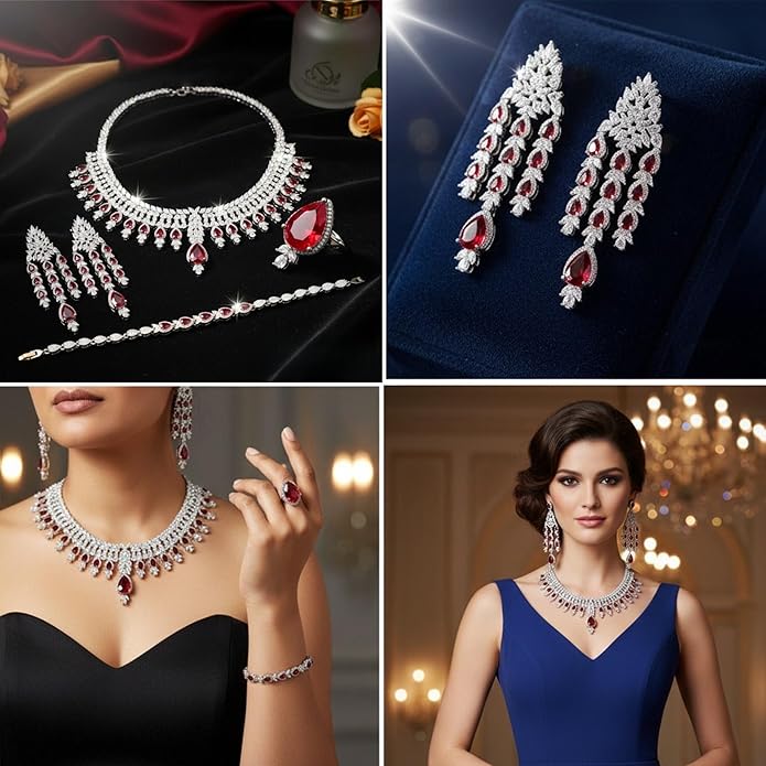 Rhinestone Wedding Bridal Jewelry Set Women's Prom-Style Necklace, Earrings, Bracelet, Ring Bridesmaid Gift Pairs with Evening Gown