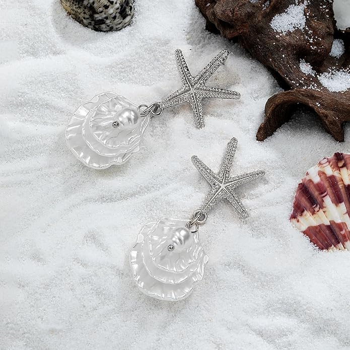 Seashell Starfish Earrings Beach Jewelry for Women Pearl Drop Shell Earrings Ocean Beachy Fashion Accessories Womens Summer Outfits 2026 Tropical Vacation Outfits Beach Vacation Clothes Dresses