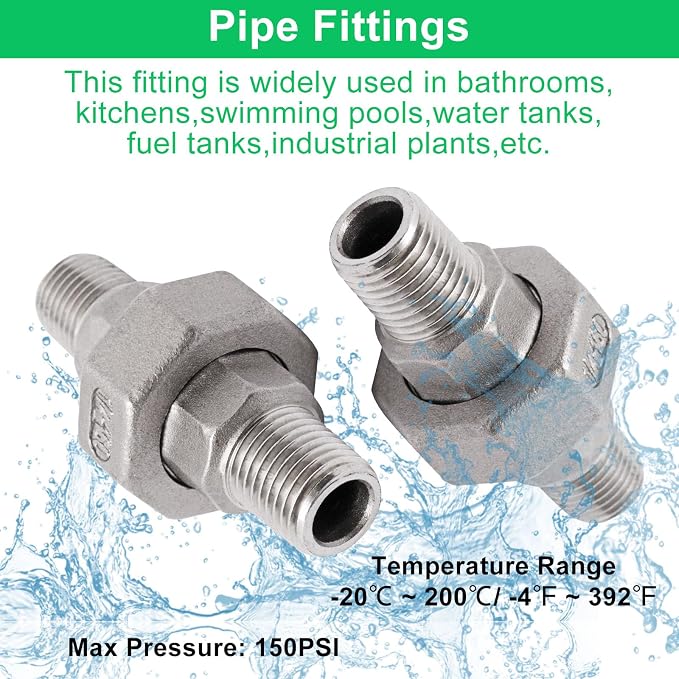 2Pcs Cast Pipe Fittings Union, 1/4" NPT Male x 1/4" NPT Male Thread 304 - Image 3