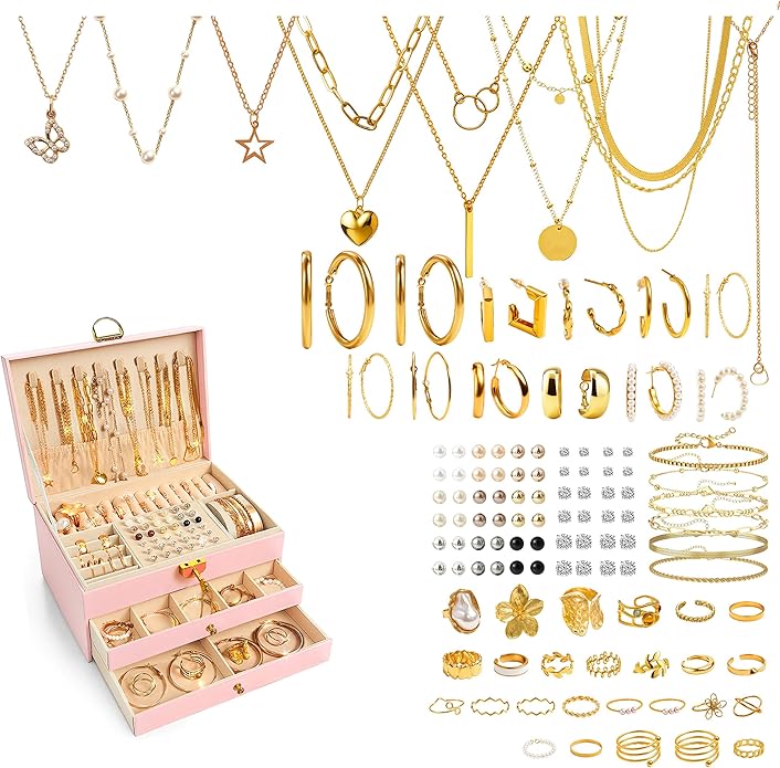 SMUOBT Jewelry Box with Jewelry Set for Women Men - Large Multi-Layer Jewelry Organizer Storage Case with Drawers, Necklace Bracelet Hoop/Stud Earrings Rings Gift Set for Her Him, Unique Birthday Party Gift (Gold/Black Silver)
