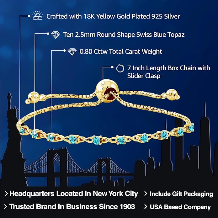 Gem Stone King Round Gemstone Birthstone Tennis Bracelet For Women | 925 Sterling Silver | 2.5MM Round | Fits Up To 9 Inch Wrist | Adjustable Bolo Bracelet For Women | Easy-On Easy-Off