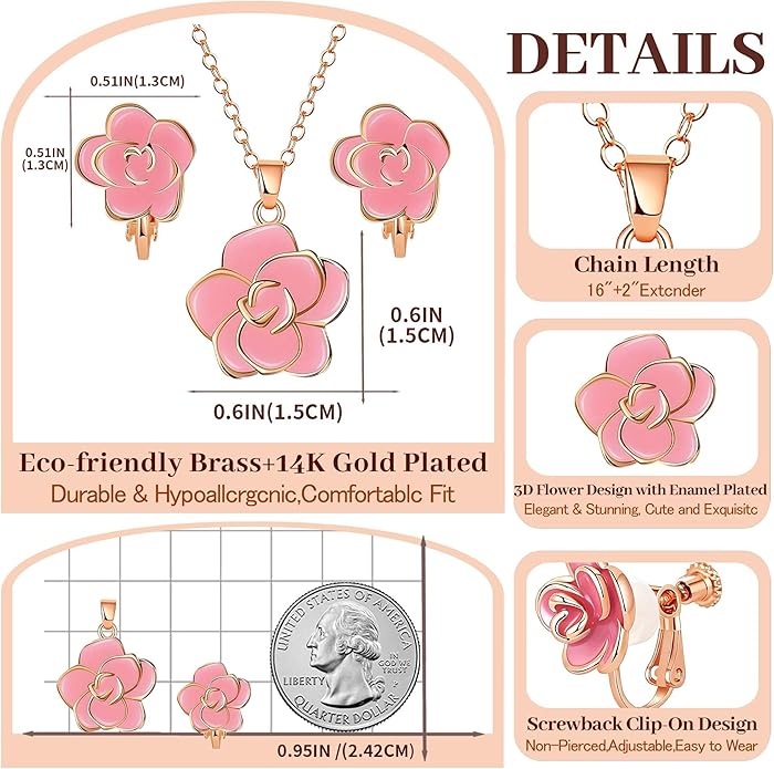 Dainty Rose Flower Pendant Necklace Clip On Earrings Set for Women 14K Gold Plated Hypoallergenic Jewelry Sets