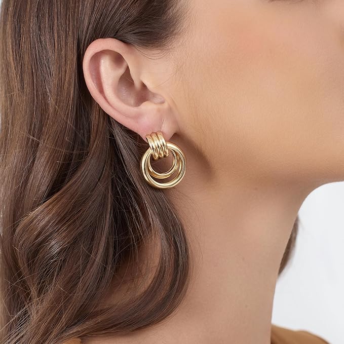 Gold-Plated Chunky Earrings, Knot Link Circle Drop Dangle Statement Studs for Women