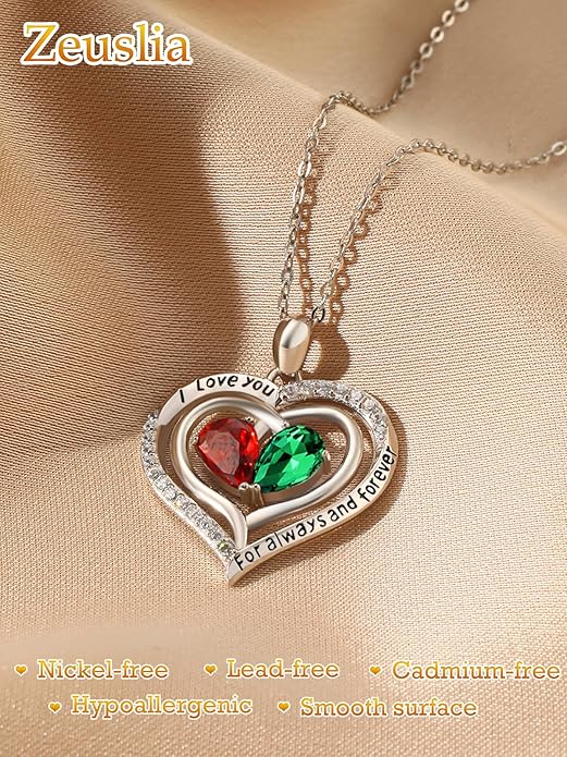 Valentine's Day Gifts for Wife 925 Sterling Silver Double Birthstone Pendant Necklaces I Love You for Always and Forever Necklace Anniversary Birthday Gifts for Wife Girlfriend Mom Her