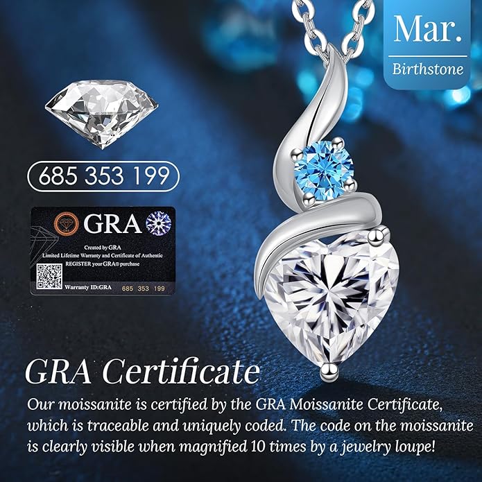 ANDSO Valentine's Day Gift Moissanite Heart Pendant Necklaces for Women, 925 Sterling Silver Necklace with Birthstone, Ideal Anniversary Present or Birthday Jewelry Gifts for Mom Wife Her Girlfriend