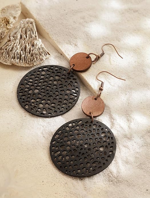 MINACHI Bohemian Hollow Cut-Out Wood Leather Dangle Drop Earrings, Boho Chic Hippie Statement Jewelry Gift for Women