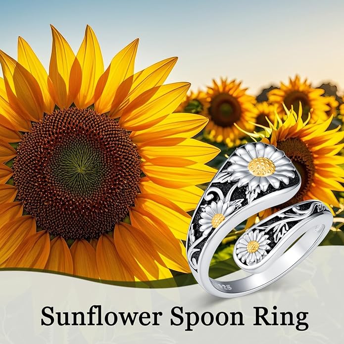 LOANGO Spoon Ring for Women 925 Sterling Silver Spoon Rings Adjustable Oxidized Vintage Thumb Rings Sunflower Hummingbird Butterfly Bee Cardinal Jewelry Gifts for Women Men