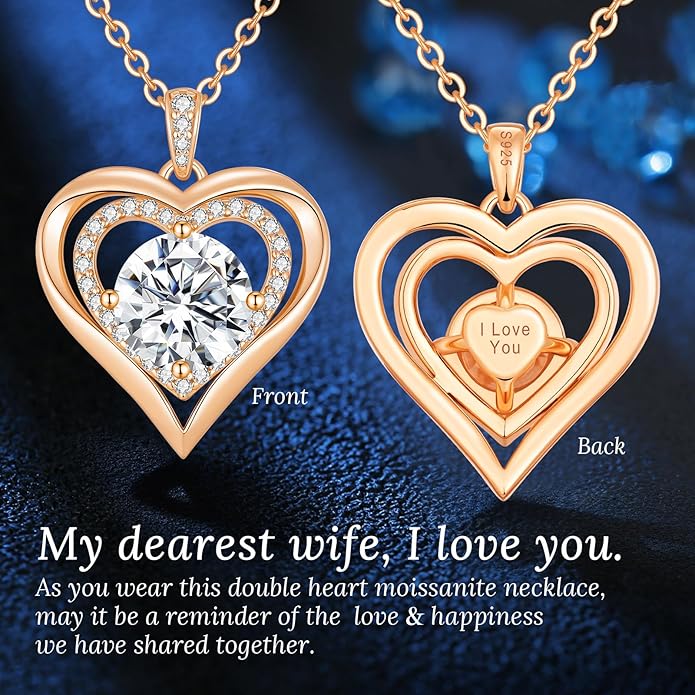 Valentine's Day Gift Moissanite Heart Pendant Necklaces for Women, 925 Sterling Silver Necklace Engraved with 'I LOVE YOU', Ideal Anniversary Birthday Jewelry Gifts for Mom Wife Girlfriend Daughter Her