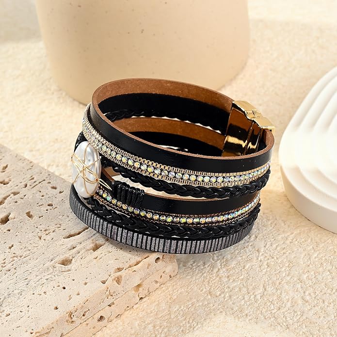 Wrapped Bracelets for Women,Leather Bracelet,Boho Bracelets for Women,Multi-Layer Pearl Crystal Bracelet Bangle Jewelry