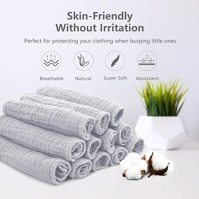 SWEET DOLPHIN 12 Pack Muslin Burp Cloths Large 100% Cotton Hand Washcloths for Baby - Baby Essentials Extra Absorbent and Soft Boys & Girls Milk Spit Up Rags for Newborn Registry - Slate, 20" X10"